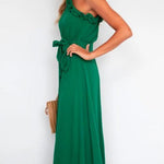 Margovil One Shoulder Sleeveless Tie Waist Ruffle Swing Dress