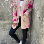 Apricot Powder Floral Print Pocketed Open Front Cardigan