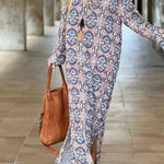 Unique Printed Long Sleeve V-neck Loose Maxi Dress