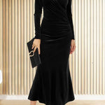 Solid Velvet Long Sleeve V Neck Slim Fit Fishtail Maxi Dress