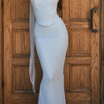 Neck Wrapped Strapless Corset Bodycon Maxi Skirt 2pcs Set-Blue