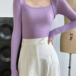 Long Sleeves Skinny Solid Color Square-Neck T-Shirts Tops