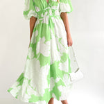 Elegant V-neck slim waist large swing skirt printed dress