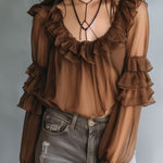 Vintage Boho Mocha Ruffle Chiffon Blouse
