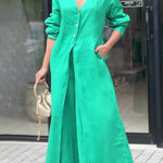 Solid Color V-neck Long Sleeve Waist Pocket Jumpsuit