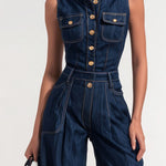 Retro Sleek Sleeveless Dark Denim Wide Leg Jumpsuit
