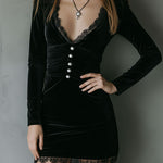Chic Pleat Waist Black Velvet Mini Dress With Lace Trim