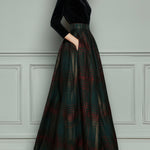 Elegant High Waist Velvet And Plaid Evening Gown With Full Skirt