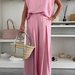 Santie Round Neck Cape Sleeve Loose Top and Elastic Waist Pocket Wide Leg Pants Set