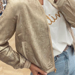 Pale Khaki Metallic Zip up Baseball Jacket