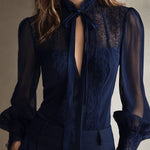 Retro Elegant Lace Stand-up Collar Tie Neck Chiffon Blouse