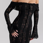 Floral Lace Off Shoulder Flare Sleeve Fishtail Maxi Dresses-White