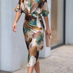Cityscape Moment Satin Tie Dye Print Half Sleeve Wrap Midi Dress