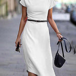 A-Line Loose Asymmetric Solid Color Mock Neck Midi Dresses