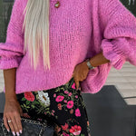 Solid Color Round Neck Ruffled Long Sleeve Knitted Sweater