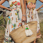 Summer Vibes Linen Blend Unique Print Smocked Belt Midi Dress