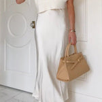 High Rise Solid Satin Midi Skirt
