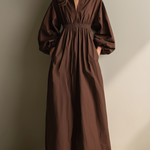 Women's Casual Brown Cotton And Linen V-neck Long-sleeved Maxi Dress With Elastic Waist