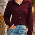 Loose Pocket Lapel Button Textured Blouse
