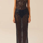 Sequins Decor Open Back See Through Slim Fit Party Maxi Dresses-White