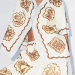 Lakeside Breeze Linen Blend Unique Print Short Sleeve Button Oversized Blouse