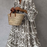 Loose Three-Quarter Sleeves Falbala Printed V-Neck Midi Dresses