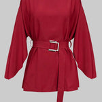 Batwing Sleeves Split-Joint Tied Waist Round-Neck Blouses&Shirts Tops