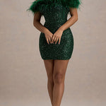 Margovil Off Shoulder Feather Trim Sequin Mini Party Dress