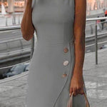 Margovil Sleeveless Buttons Work Office Dress