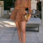 Margovil Lantern Long Sleeves Draped Ruffle Layered Mini Dress with Shorts