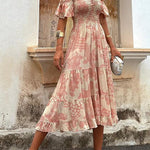 Off Shoulder Smocked Ruffle Tiered Printed Midi Dress