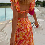 Margovil V Neck Cut Out Tie Back Printed Ruffle Maxi Dress