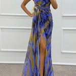 Margovil Strapless Rose Detail High Slit Printed Chiffon Maxi Dress