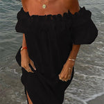 Margovil Off Shoulder Ruffle Trim Slit Cotton Linen Maxi Vacation Dress