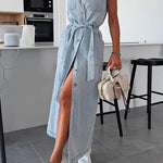Margovil Sleeveless Button Down Tie Waist Pocketed Denim Midi Dress