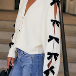 Fashionable V-neck Long-sleeved Bow-knotted Knitted Cardigan
