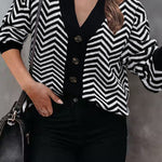 Long Sleeve V Neck Open Front Striped Knit Cardigan Sweaters