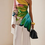 Long Sleeves Loose Flower Print Pleated Pockets One-Shoulder Jumpsuits