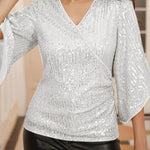 Solid Color Sequined V-neck Hollow Sleeve Slim Fit Top
