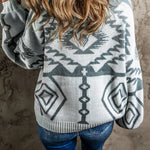 Light Grey Geometric Pattern Ribbed Trim Button Up Cardigan