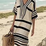 Fashion Striped Print V-neck Loose Holiday Midi Dress