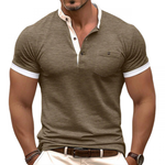 Men's Casual Colorblock Cotton Henley Collar Patch Pocket Slim Fit Short Sleeve T-Shirt