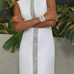 Loose Sleeveless Contrast Color Shiny Split-Back Mock Neck Maxi Dresses