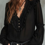 Vintage Black Ruffle Long Sleeve Blouse With Lace Trim