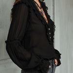 Vintage Black Ruffle Long Sleeve Blouse With Lace Trim