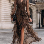 Leopard Print Wrap Midi Dress With Ruffled Hem
