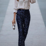 Diva Velvet Sequin High Rise Elastic Waist Flare Pants