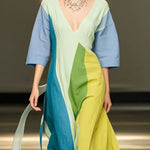 Loose Three-Quarter Sleeves Colorful Contrast Color V-Neck Maxi Dresses