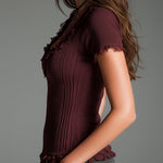Vintage Faded Knitted Short-sleeved T-shirt With Lace Trim