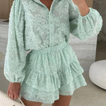Unique Lace Texture Fabric Balloon Sleeve Blouse and Elastic Waist Layered Skirt Set